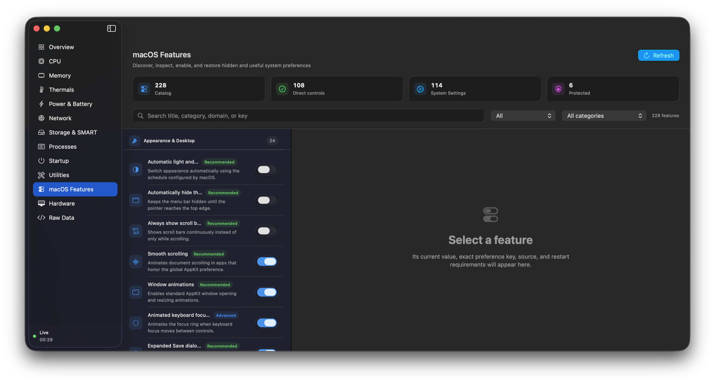 MacScope macOS Features catalog with direct controls, settings guides, and protected actions