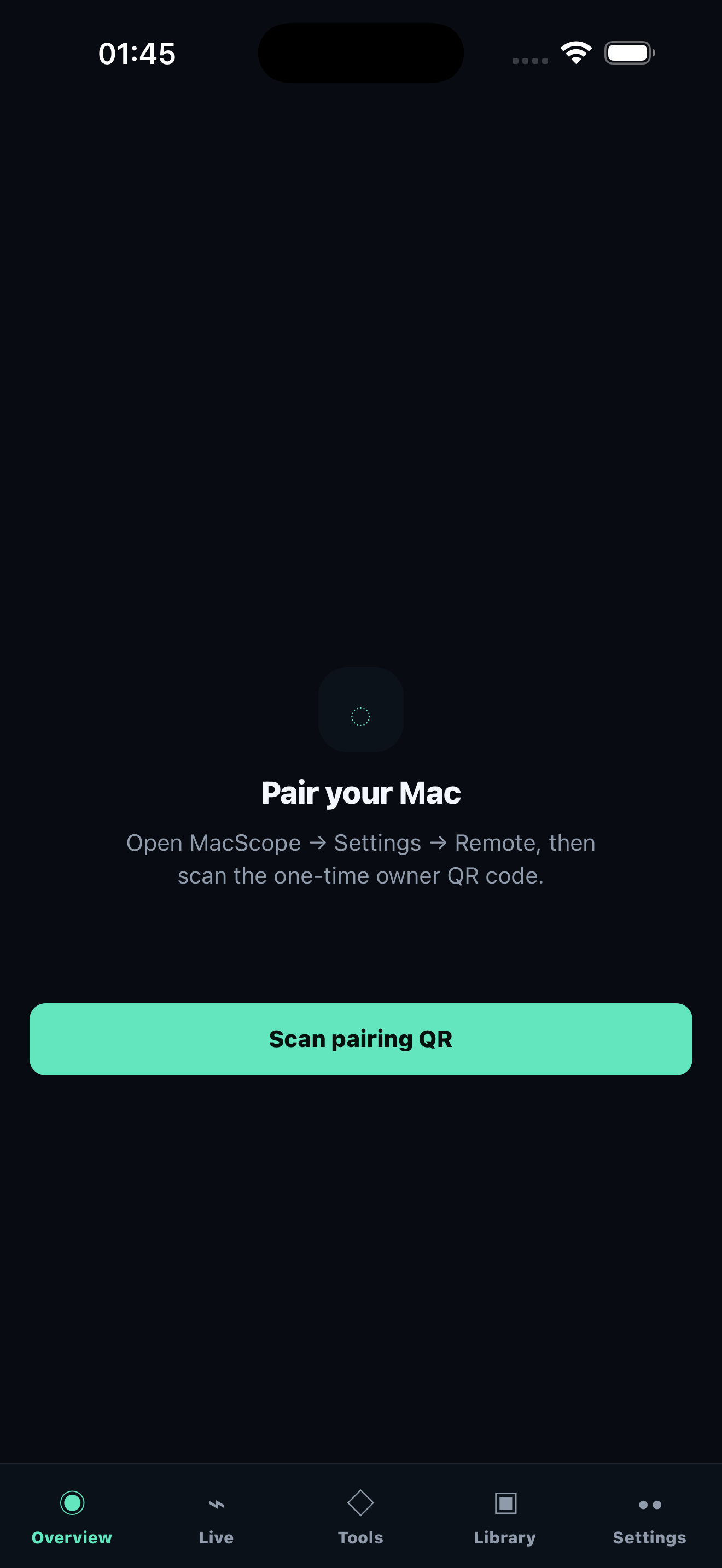 MacScope Remote one-time QR pairing screen on iPhone