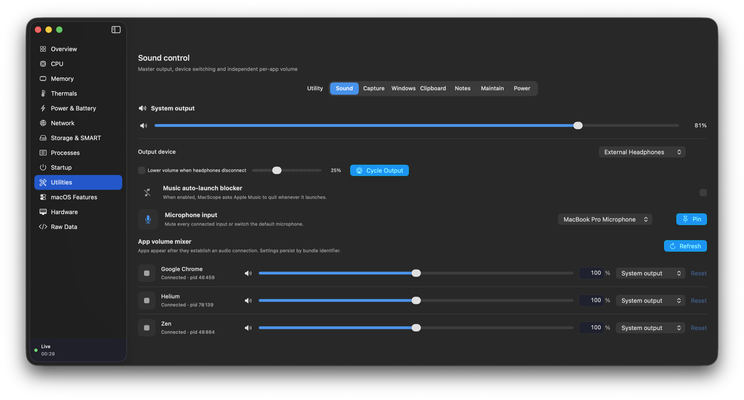 MacScope Utilities Sound view with system output and independent per-app volume controls